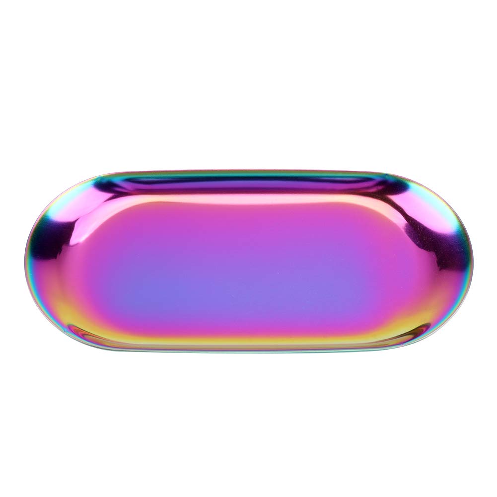 Colored Oval Stainless Steel Storage Tray, Nordic Style Towel Tray Cosmetics Jewelry Organizer Fruit Cake Plate Silver Snack Tea Key Tray Candle Plates, 9.1x3.7inch