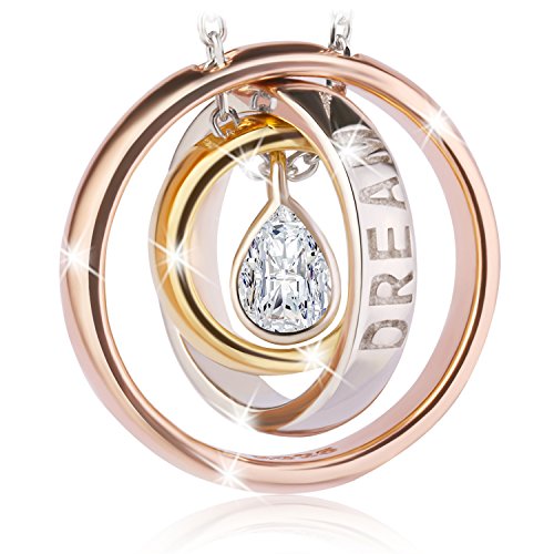 J.Rosée Jewelry 925 Sterling Silver Engraved “Happiness Dream Love” Trinity Necklace 5A Zircon Exquisite Gift Package (45cm+5)