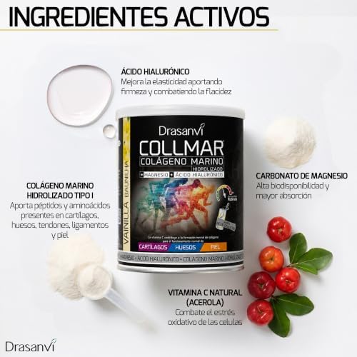 COLLMAR Colagénio Marinho Hidrolisado com Ácido Hialurónico, Magnésio, Vitamina C | para cartilagem, ossos e pele | Sem adoçantes |Dose elevada 9.717 mg/dia | 300g de pó | Sabor Baunilha