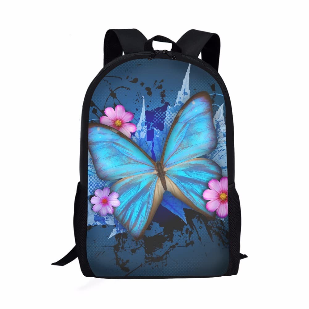 chaqlin Stylish School Bag UnisexGirls Blue Butterfly Backpack Polyester Women Ladies Backbag Fashion Large Bookbags Kids Children
