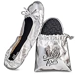 Women's Foldable Portable Travel Ballet Flat Roll Up Slipper Shoes with Matching Carrying Pouch (Large, Silver)