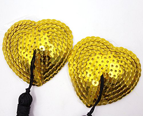 Reusable Adhesive Nipple Cover,Shiny Sequin Silicone Heart-Shaped Breast Pads Pasties Bra with Tassel - Thumbnail 2