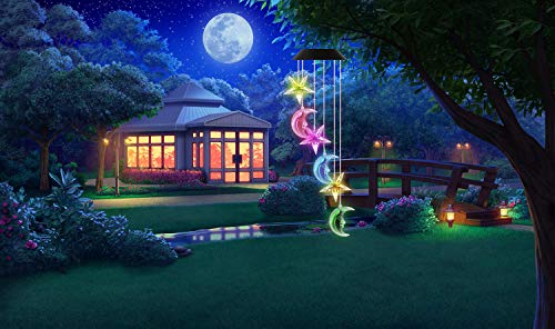 VICOODA Wind Chimes Outdoor, Solar Wind Chimes Color-Changing Moon Star Waterproof Unique Decoration Chimes Mobile Solar Light Mom Birthday Gift for Home Balcony Festival Garden Yard(Moon & Stars)