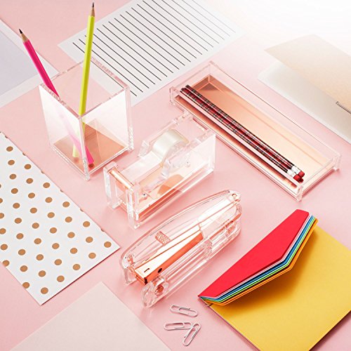 Zodaca [Deluxe Acrylic Design] Pencil Pen Tray Desktop Organizer, Clear/Rose Gold - Thumbnail 2