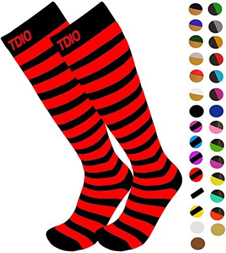 Knee High Graduated 15-20mmHG Compression Socks, For Nurses, Pregnancy, Exercising, Tennis, Cardio, Cycling, 24 Color Schemes by FITDIO (S/M, Striped-Black/Red)