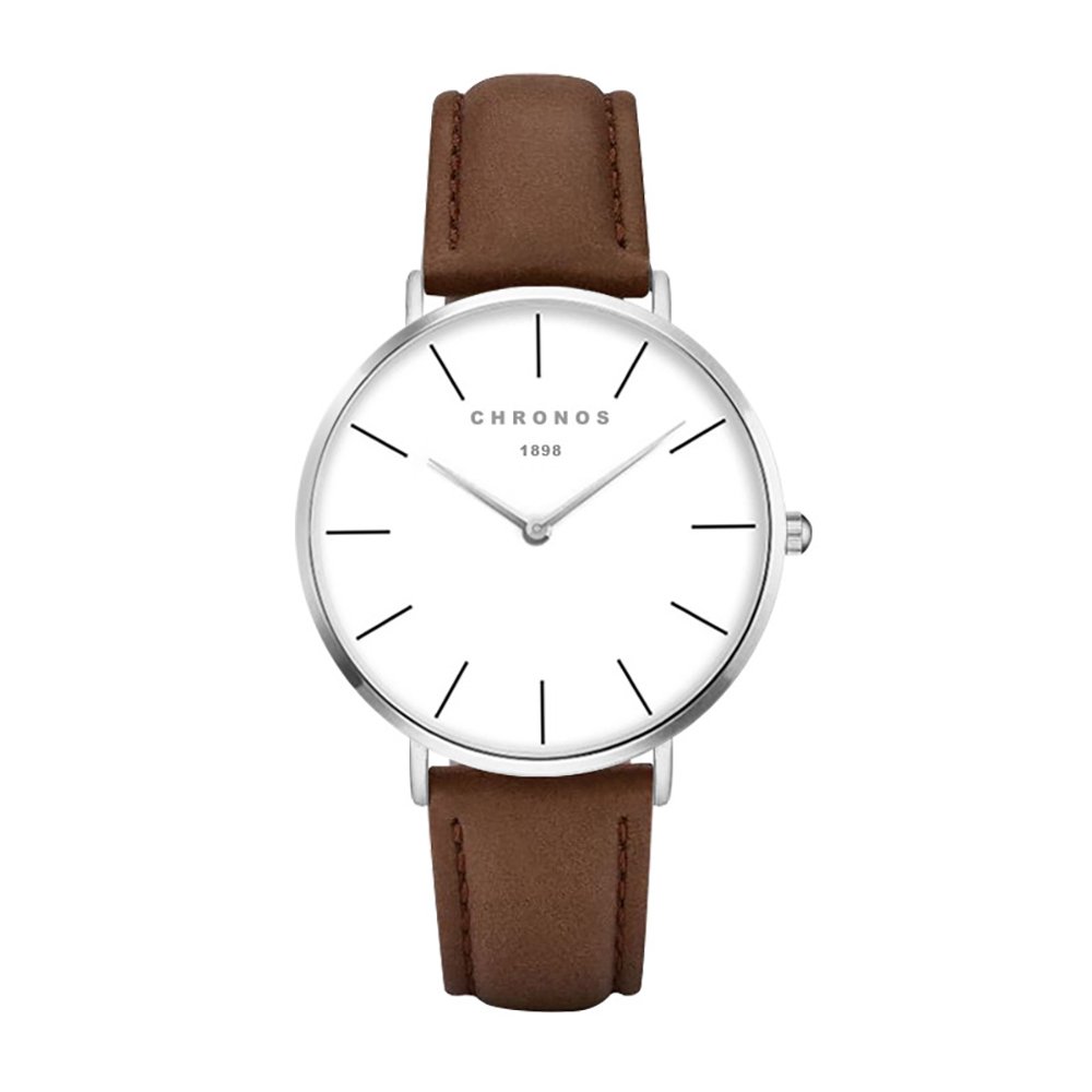 CHRONOS Mens Leather Strap Wrist Watches Quartz Causal Thin Analog Minimalist Unisex Watch (Brown-Silver)