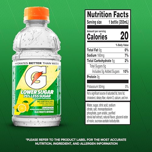 GATORADE LOWER SUGAR ELECTROLYTE SPORTS DRINK, LEMONADE, 12 FL OZ BOTTLES, (12 PACK), 75% LESS SUGAR, NO ARTIFICIAL FLAVORS, NO ARTIFICIAL SWEETENERS, NO ARTIFICIAL COLORS, HYDRATION