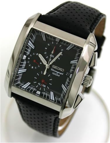 Amazon 逆輸入セイコー 100m防水 アラームクロノグラフ スクエア ブラック レザーベルト Sna773p2 逆輸入品 メンズ腕時計 腕時計 通販