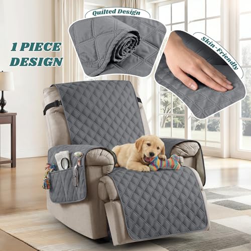 Ruaozz 100% Waterproof Recliner Chair Cover Non-Slip Reclining Cover for Recliner Chair Washable Chair Seat Cover with Elastic Straps for Kids, Dogs, Pets (Dark Grey, 1 Seater 23'')