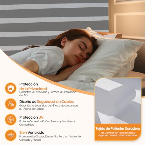 OSLIFE Persianas Enrollables para Ventana, Ajustables Cortinas Blackout para Recamara,Control de Densidad de Luz,Vertical de Doble Capa Estilo Cebra,Cocina,Sala,Oficina (Gris, 160An x 180Al cm)