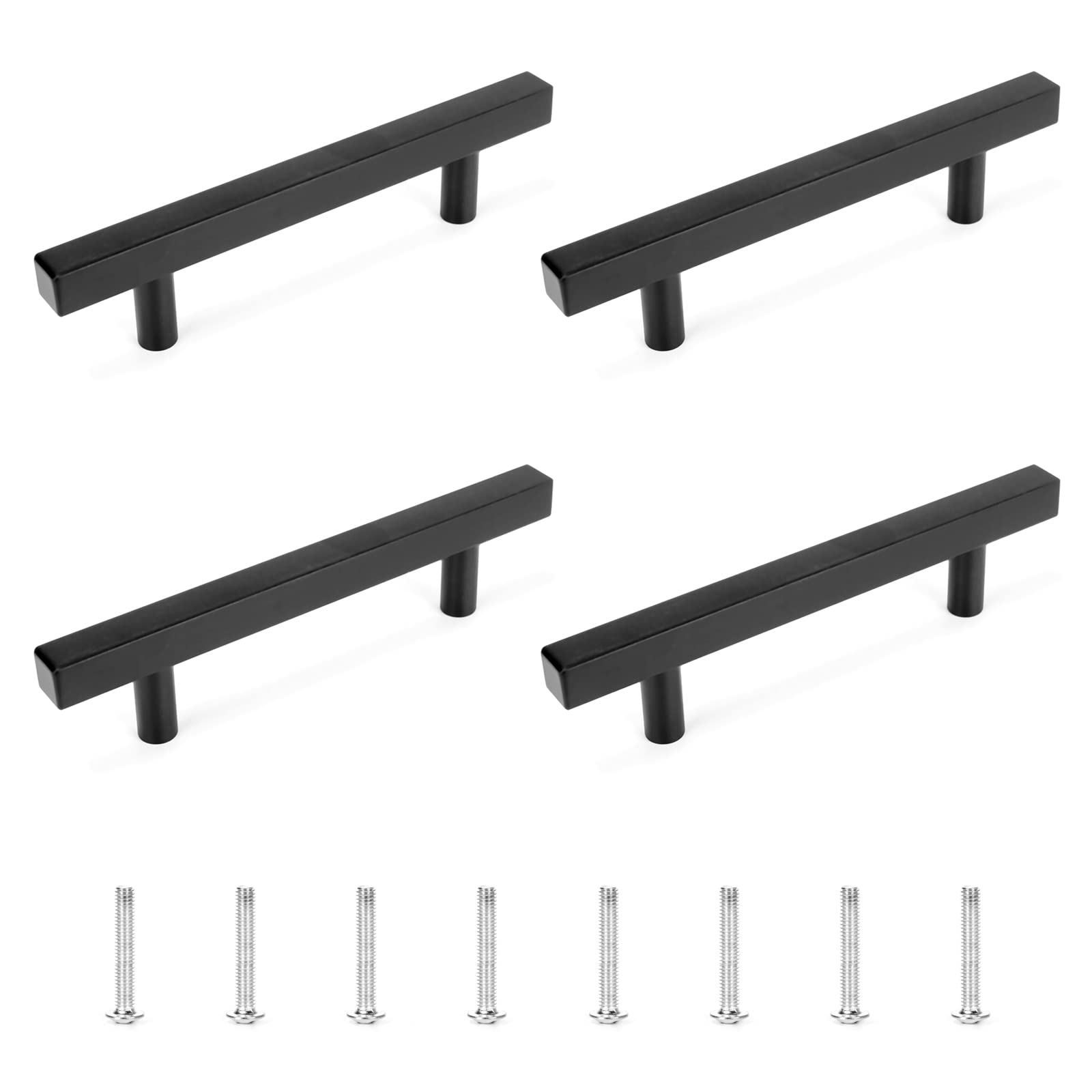 Ruimou 4Pcs 5.9'' Matte Black Stainless Steel Handles(3.78''Hole Center) with Screws for Kitchen Cabinet,Furniture Drawer Pulls(Square Black Matte Cabinet Handles)