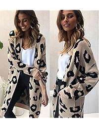 Angashion - Cárdigan de manga larga para mujer, estampado de leopardo, con bolsillo