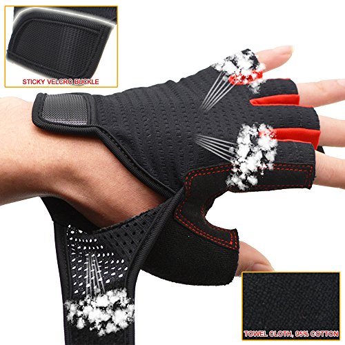 HuwaiH Bike Gloves Gel Pad Shock-absorbing | Anti-slip Outdoor Sports Riding Working Half Fingers Cycling Gloves Short Mountain Bicycle Motorcycle Gloves (Black Red, Large(Male)) - Thumbnail 3