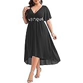 TALISEA Plus Size Dresses Wedding Guest - Formal Cocktail Chiffon Appliques V Neck Ruffle Short Sleeve High Low Dress Women