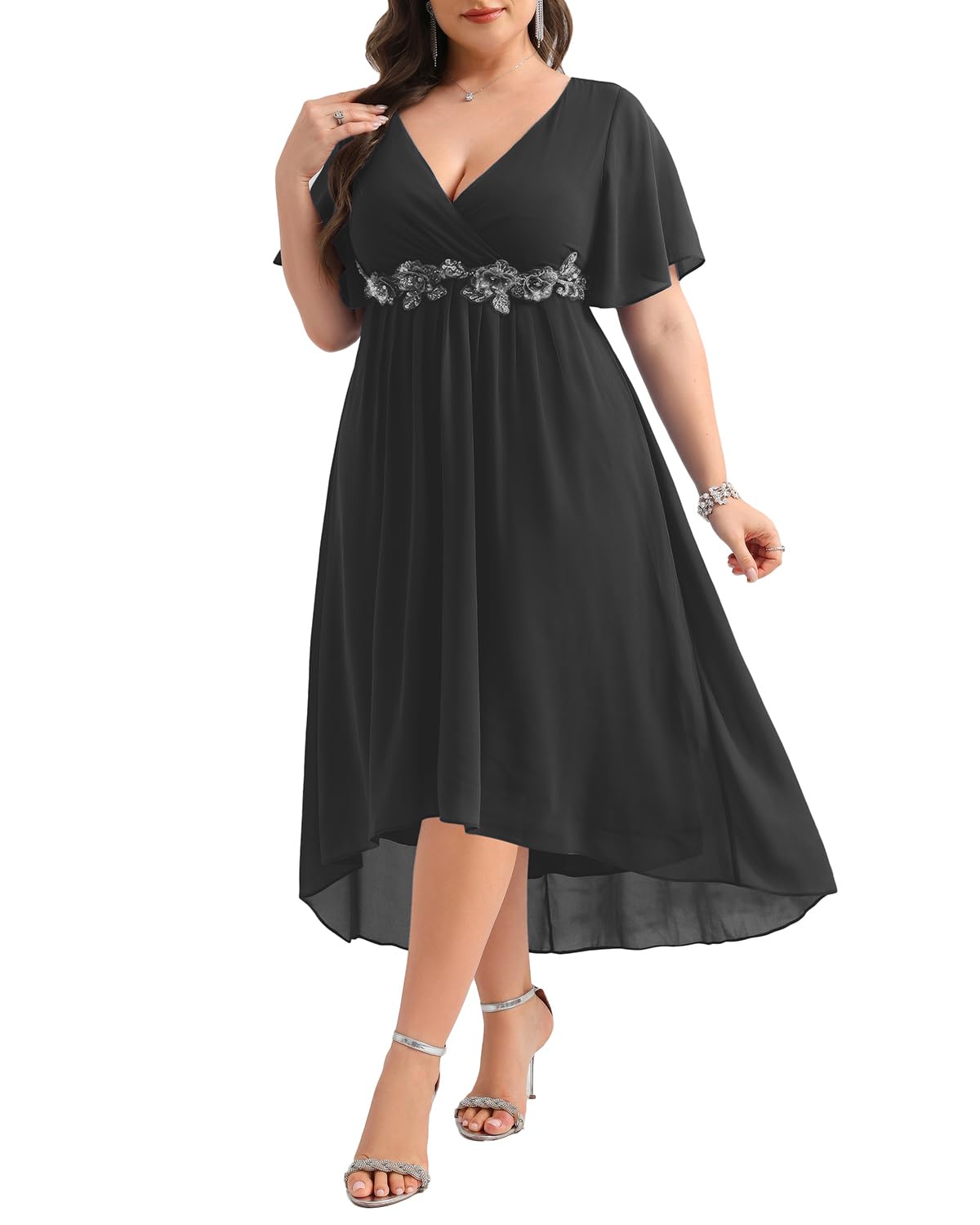 Photo 1 of Talisea Black Dress Plus Size Wedding Guest Cocktail Formal Chiffon Appliques V Neck Short Sleeve High Low Dresses Women