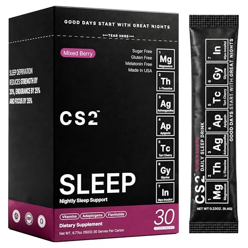 CS2 Sleep Support Drink Mix - Melatonin Free Sleep Support Drink with Magnesium Glycinate, L-Theanine, Ashwagandha, Apigenin, Tart Cherry - Non-Habit Forming, Sugar-Free - Mixed Berry, 30 Servings
