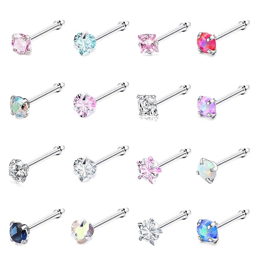 Photo 1 of SEEDRILL Nose Rings Studs for Women 16Pcs 18G Nose Studs Hypoallergenic 316L Surgical Steel Nose Piercings Jewelry 3mm Colorful CZ & Opal Nose Ring Straight Nose Stud 18 Gauge Nose Screw Studs