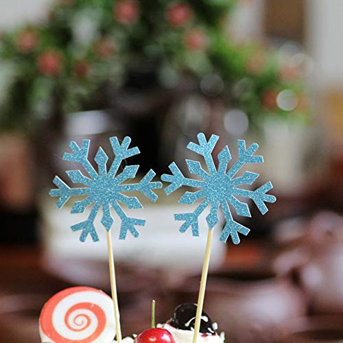 70 Pack Snowflake Cupcake Toppers Glitter Snowflake Cake Topper Picks for Christmas Birthday Party Baby Shower Wedding Cake Decoration (Blue)