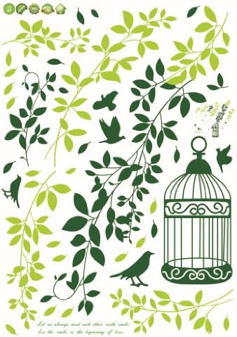 Prettywall Home Decor Mural Vinyl Wall Sticker Green Leaf Twig Birdcage in the Wind Kids Nursery Room Wall Art Decal Paper