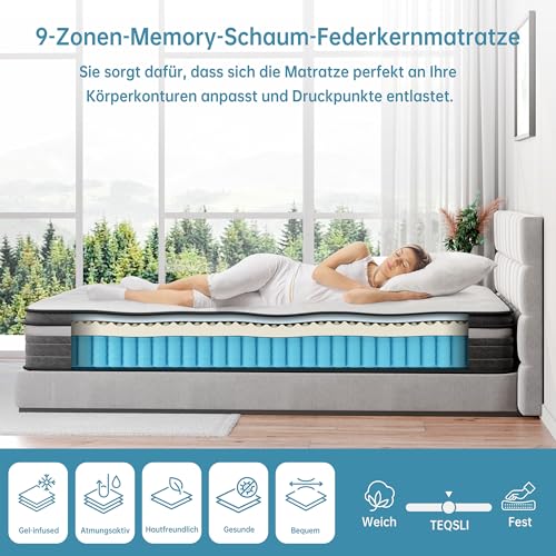 TeQsli Gel Pocket Spring Mattress 90 x 200 cm, 25 cm Height H3 Hardness, Ergonomic 9-Zone Mattress, Orthopaedic Spring Mattress with Gel Memory Foam, Oeko-Tex & CertiPUR Certified