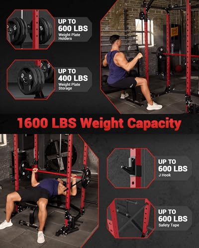 GarveeLife Power Cage, Multi-Functional Power Racks for Home Gym with Cable Crossover System, 1600 LBS Weight Capacity Fitness Squat Rack for Strength Workout with More Training Attachment, Red