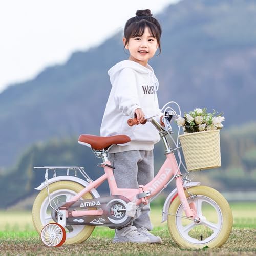 AM ANNA Girls Bike with Basket for 3-12 Years Old Kids, 12 14 16 18 Inch Bicycle with Training Wheels, Basket, Adjustable Seat & Handlebar, Hand & Coaster Brakes, Bell for Girl Boy (Pink, 12'')