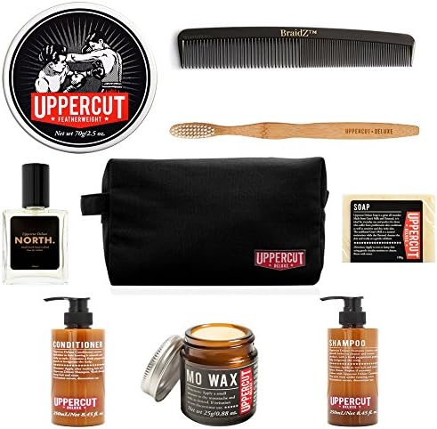 Uppercut Deluxe Mens 9-Piece Travel Toiletry Kit – Set of Featherweight Hair and Mustache Mo Wax, shampoo, Conditioner, Soap, North Cologne, Toothbrush, Wash Bag, With a Braidz Comb