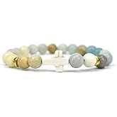 Caiyao Handmade Cross Natural Colorful Stone Beads Elastic Adjustable Bangle Link Couple Friendship Minimalist Valentine’s Day Birthday Bracelet Jewelry for Women