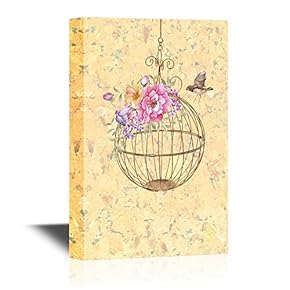 Canvas Wall Art - Bird and a Round Bird Cage with Flowers - Gallery Wrap Modern Home Art | Ready to Hang - 12x18 inches
