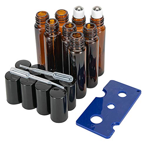 Roller Bottles - 10ml Amber Glass Roller Bottle for Essential Oils,8 Pack Empty Bottles with Stainless Steel Roller Balls.