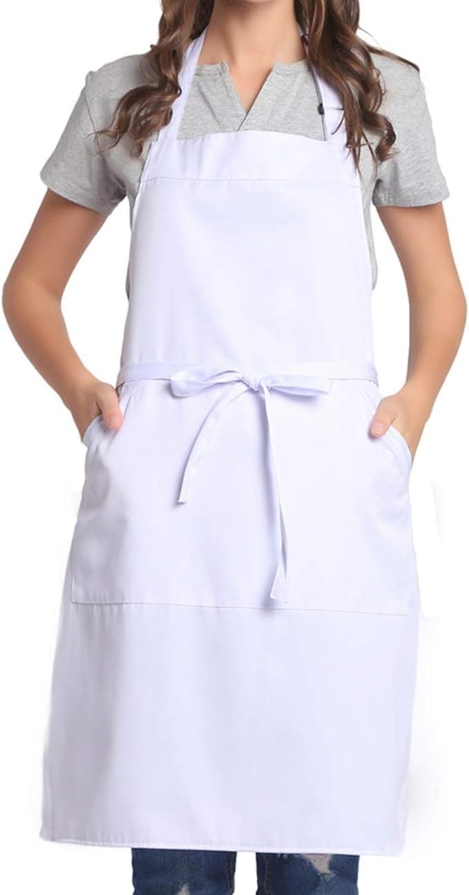 Khoji & Meeni Aprons with 2 Pockets - Unisex Men & Women Aprons for Home, Kitchen & Restaurant - Adjustable Neck Strap, Long Side Straps, Thick Twill Cotton Blend (White)