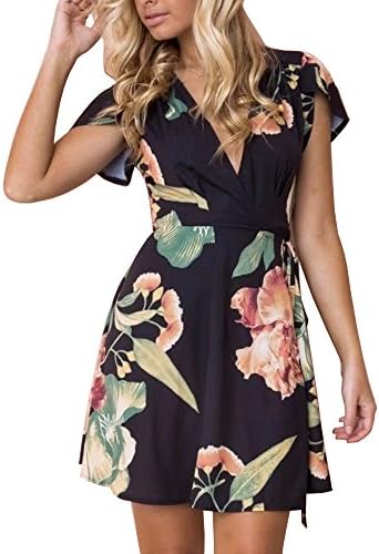 Women's Summer Fashion Casual Pullover V Neck Short Sleeve Floral Printed Wrap A Line Mini Dress(in Asian Size)