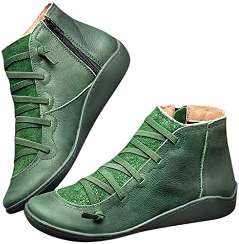 2019 Women's New Arch Support Boots,Ladies Casual Booties,Leather Retro Lace-up Boots Side Zipper Round Toe Shoe Boots (5.5, Green)