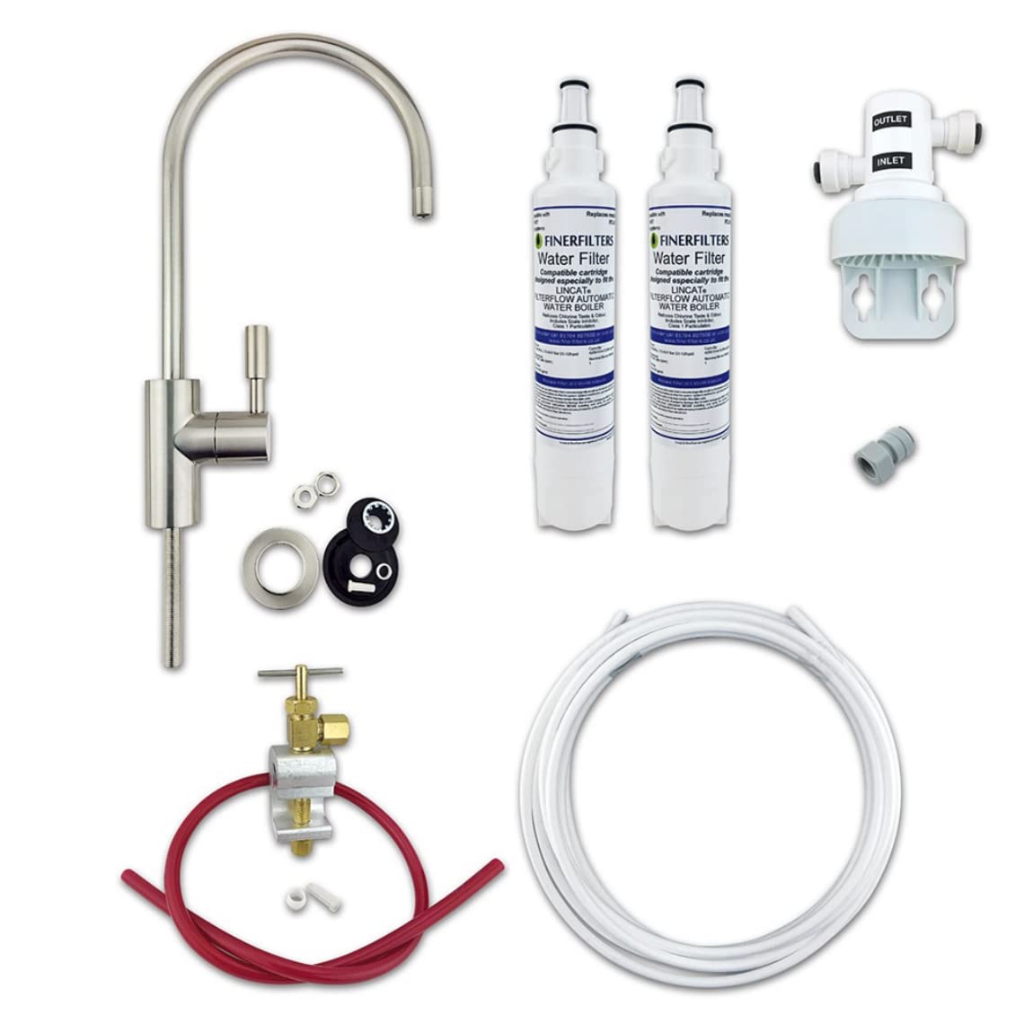 Finerfilters Deluxe Under-Sink Drinking Water Filter System, Remove Chlorine and Limescale, DIY Kit, Easily Change Filters Without Shutting Off Water Supply (12 Months (2 Filters) - Brushed Nickel Tap