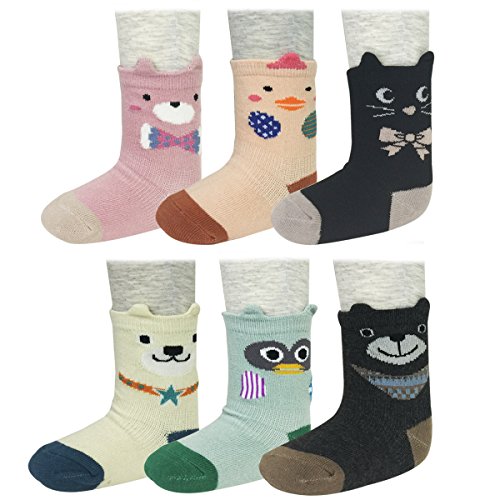 Allydrew Animal Smiley Socks for Toddlers (Set of 6) - Lilac, Peach, Black, Cream, Mint, Gray (Large)