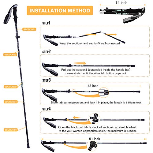 XYCING Trekking Poles Collapsible Hiking Poles, 2 Pack Adjustable Auminum Alloy Hike Walking Sticks Foldable Lightweight for Hiking Camping (Black) - Thumbnail 5