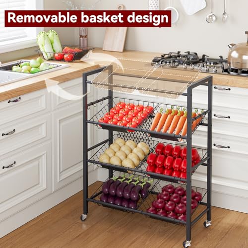 IBUYKE Kitchen Trolley with 8 Baskets,Metal Auxiliary Cart,Black TLJ025B | Vegetable Trolley Fruit Basket Organizer with Wheels for Vegetables, Onions, Potatoes