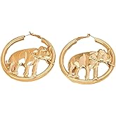 Elephant Hoop Earrings For Women Gold Tone Large Statement Animal Dangle Hoops Lightweight African Safari Inspired Fashion Jewelry Gift