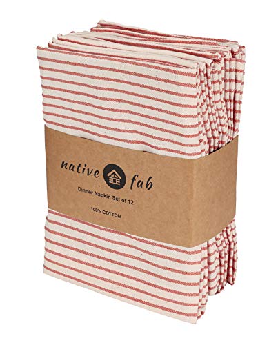 Native Fab Set of 12 Farmhouse Stripe Cloth Dinner Napkins Cotton 18x18 Absorbent Soft Restaurant Hotel Quality, Everyday Use Easy Care Washable Wedding Dinner Napkins Red Beige