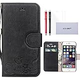 ACO-UINT iPhone 6s Wallet Case,iPhone 6 Wallet Case,Premium Retro Emboss Flower Wallet Leather Case,Folio Flip Cover Strap Case for iPhone 6/6s Black