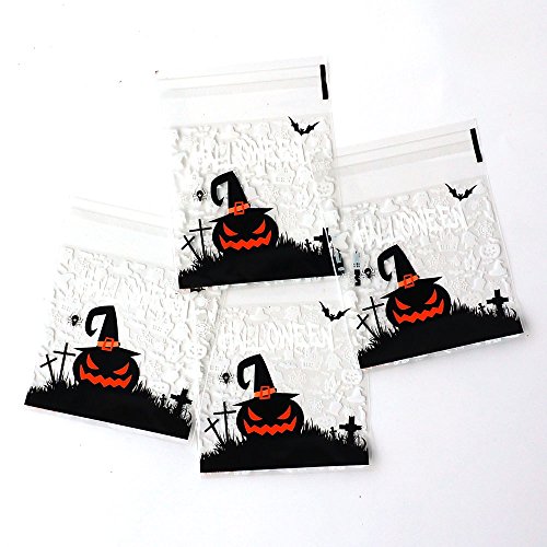 Awerise Pack of 100 Halloween Cellophane Bags, Trick or Treat Cello Bags, Party Favor Bags, Candy Bags, Self Adhesive Bags (Design 4)