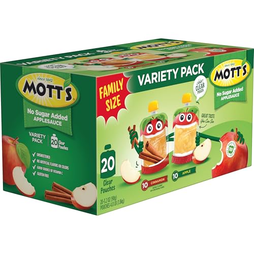 MOTT’S NO SUGAR ADDED APPLESAUCE VARIETY PACK, CINNAMON AND APPLE, MADE FROM REAL FRUIT, NO ARTIFICIAL FLAVORS, 3.2 OZ CLEAR POUCHES, 20 PACK