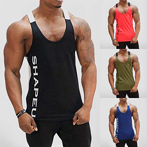OWMEOT Men's Microfiber Bodybuilding Stringer Tank Top Weight-Training Y-Back Racerback (Black, M)