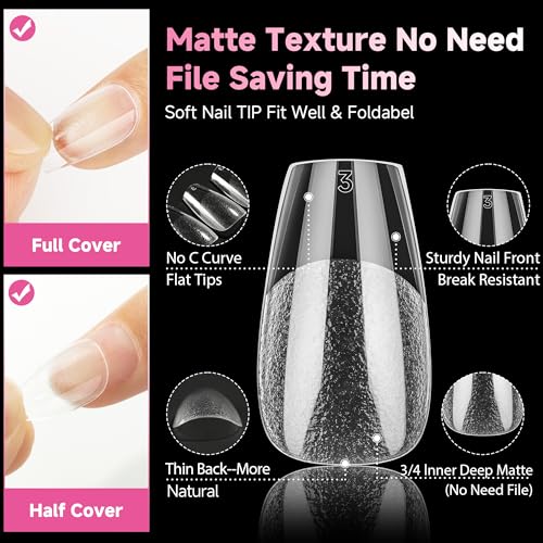 UNA GELLA Ballerina Short False Nails, 312 Pieces 12 Sizes, Tips Nails Coffin Short Semi Matte Full Cover, Tips Press On Nails for DIY Acrylic Extension