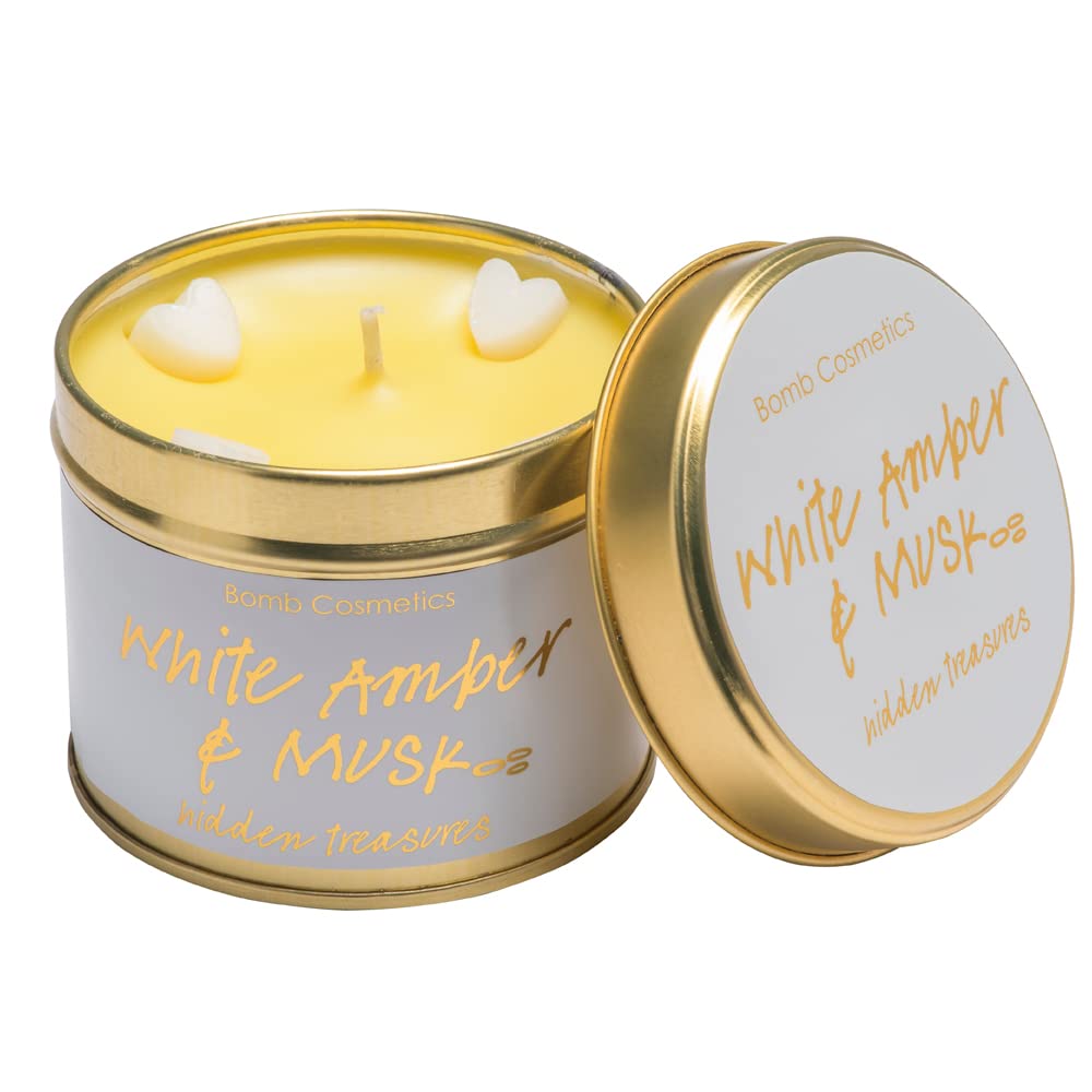 Bomb Cosmetics White Amber & Musk Scented Tin Candle; Contains Pure Clary Sage & Sandalwood Essential Oils; Vegan Friendly; 30-35 Hour Burn