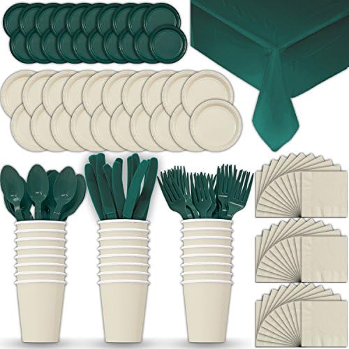 Paper Tableware Set for 24 - Cream & Hunter Green - Dinner and Dessert Plates, Cups, Napkins, Cutlery (Spoons, Forks, Knives), and Tablecloths - Full Two-Tone Party Supplies Pack