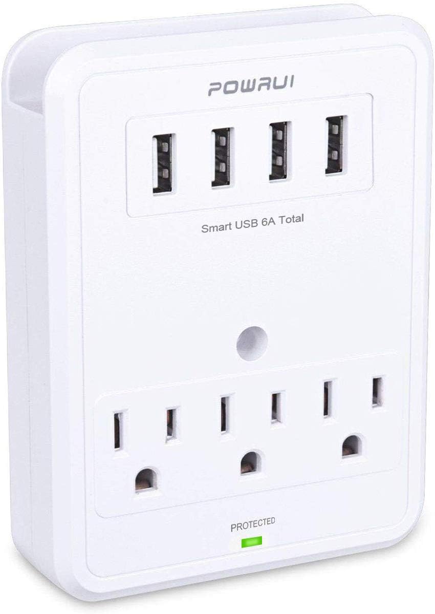 USB Wall Charger, Surge Protector, POWRUI 3 Outlet Wall Mount Adapter with 4 USB Ports Charging Station (30W) Compatible iPhone Xs/XS Max/XR/X/8/7/6/Plus, Pro/Air 2/Mini 3/Mini 4, Samsung S4/S5, 6A