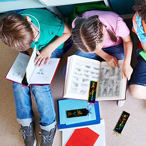 Koogel 48Pcs Art Bookmarks for Kids, 3 Kinds Craft Bookmarks Scratch Art Party Favor Rainbow Bookmark for Childrens Painting Art Creation Painting Teaching