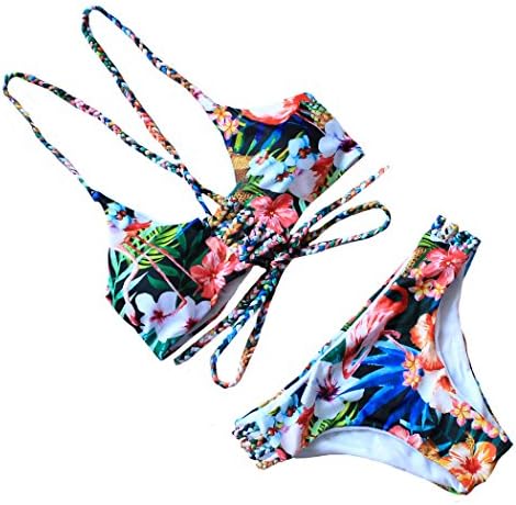 Rubylong Womens Handmade Braided Rope Cross Strap Bikini Set Push Up Padded Printing Swimsuit,M(US Size 4-6),Multicolor