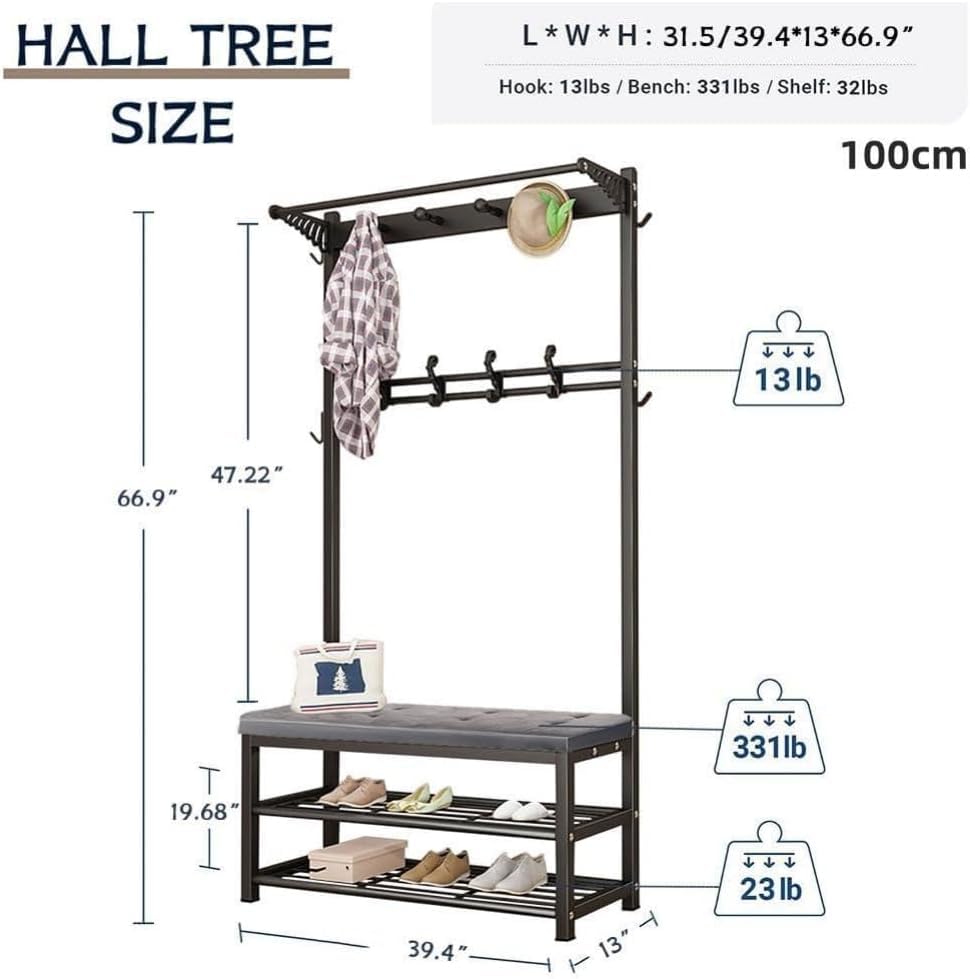 Hcosmy Shoe Rack, Shoes Bench Seat, Multifunctional shoe rack and coat rack, Industrial Coat Rack Stand with Bench, Free Standing Coat Tree, Entryway Storage Shelf, for Living Room,Hallway